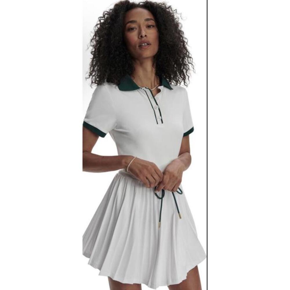 New Varley Paloma Short Sleeve Court Mini Dress In White/Forest Size M - Picture 4 of 13